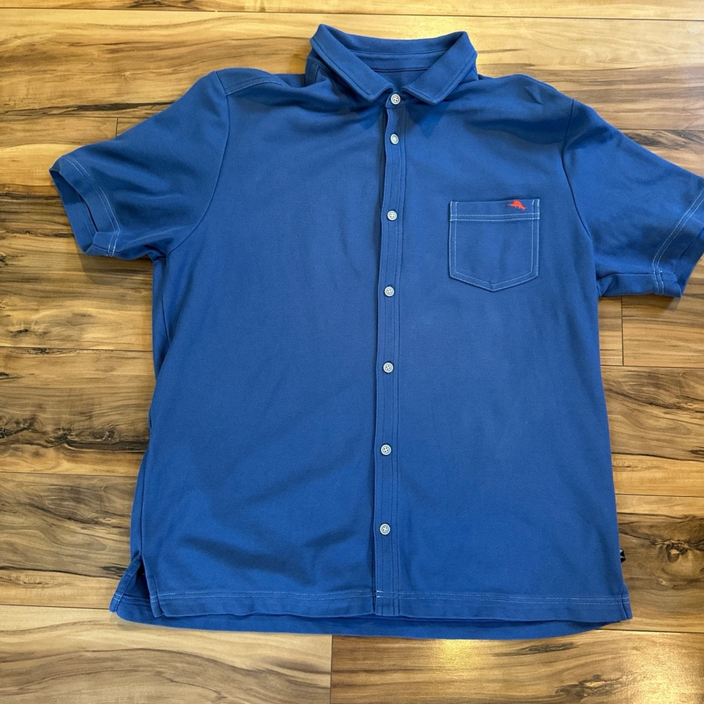 Tommy Bahama Island Zone Shirt Mens XL Solid Blue Short Sleeve Button Up Marlin